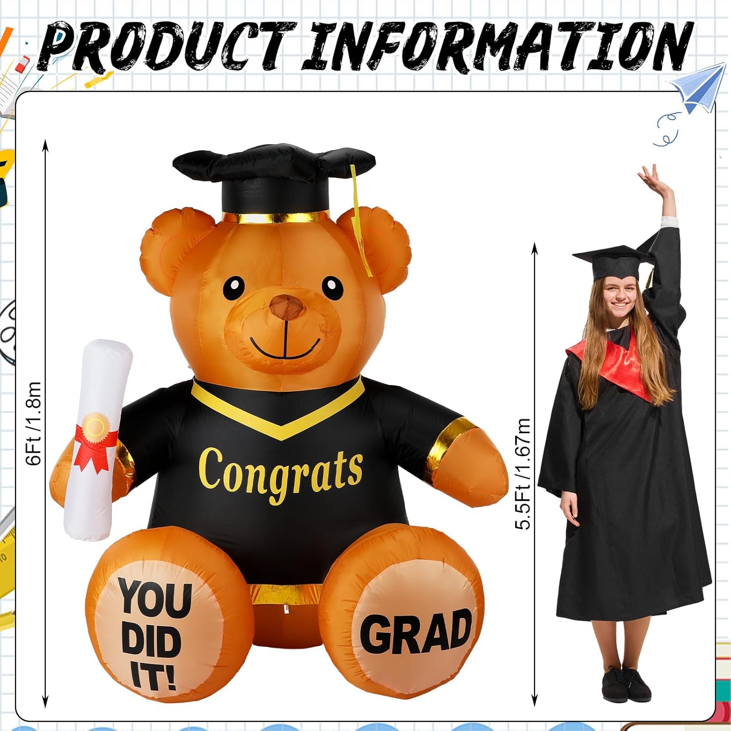 6 FT 2026 Graduation Inflatable Bear Decoration with Built-in LED Lights Black and Gold Giant Congrats Grad Bear Blow up for Graduation Ceremony Party Indoor Outdoor Garden Yard Decor