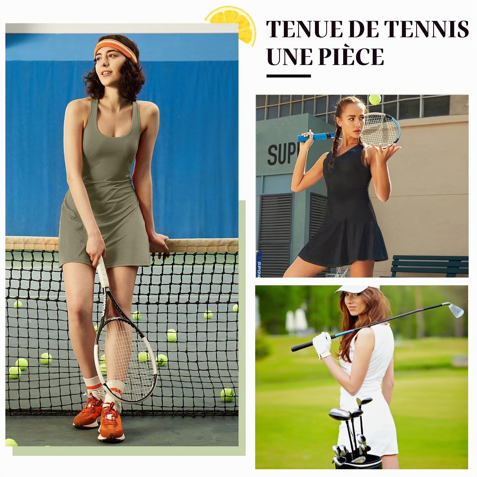 Bezioner Robe Tennis Femme Robe de Golf avec Soutien-Gorge Intégré et Short avec Poches Robe de Sport sans Manches Robe Athlétique Été