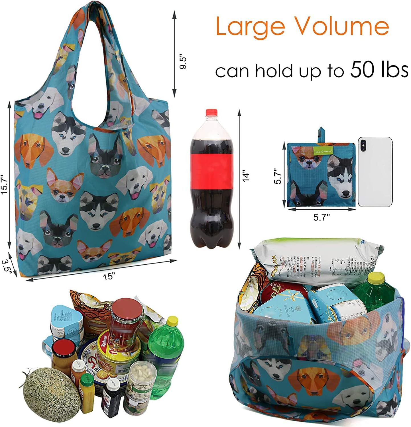 BeeGreen Shopping Bags Cloth Grocery Bags Foldable Travel Bag Tote Bags Bulk - Reusable Gift Bags with Handles (6 Pack) - Heavy Duty Large Washable Animal Holiday Design for Women Travel & Groceries​ - Image 3