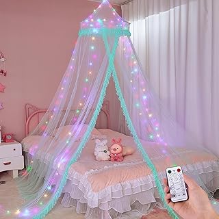 Unicorn Castle Bed Canopy for Girls with Remote Timer Breathable Net Canopy for Bed with 8 Modes LED Lights Canopy Bed Curtains for Girls Room Decor,Green