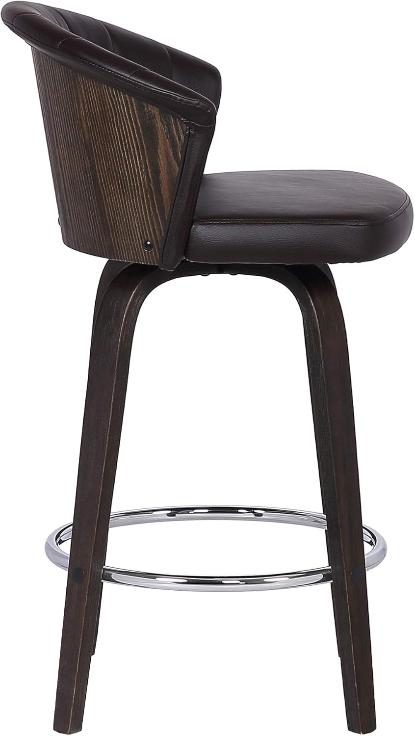 Armen Living Ashley Mid-Century Faux Leather Kitchen Barstool, 30" Bar Height, Brown