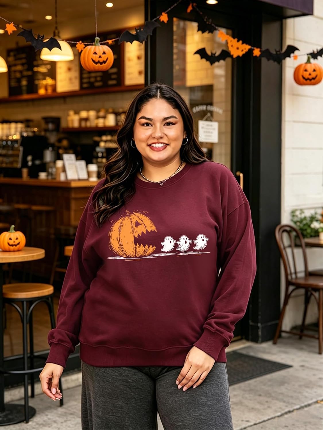 Plus Size Halloween Sweatshirts for Womens Cute Ghost Graphic Long Sleeve Shirt 2XL-5XL