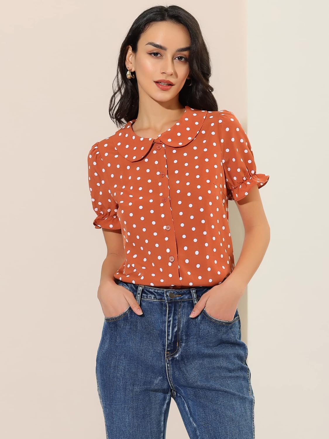 Allegra K Women's Polka Dots Shirt Short Puff Sleeve Vintage Button Up Peter Pan Collar Blouse Tops - Image 3