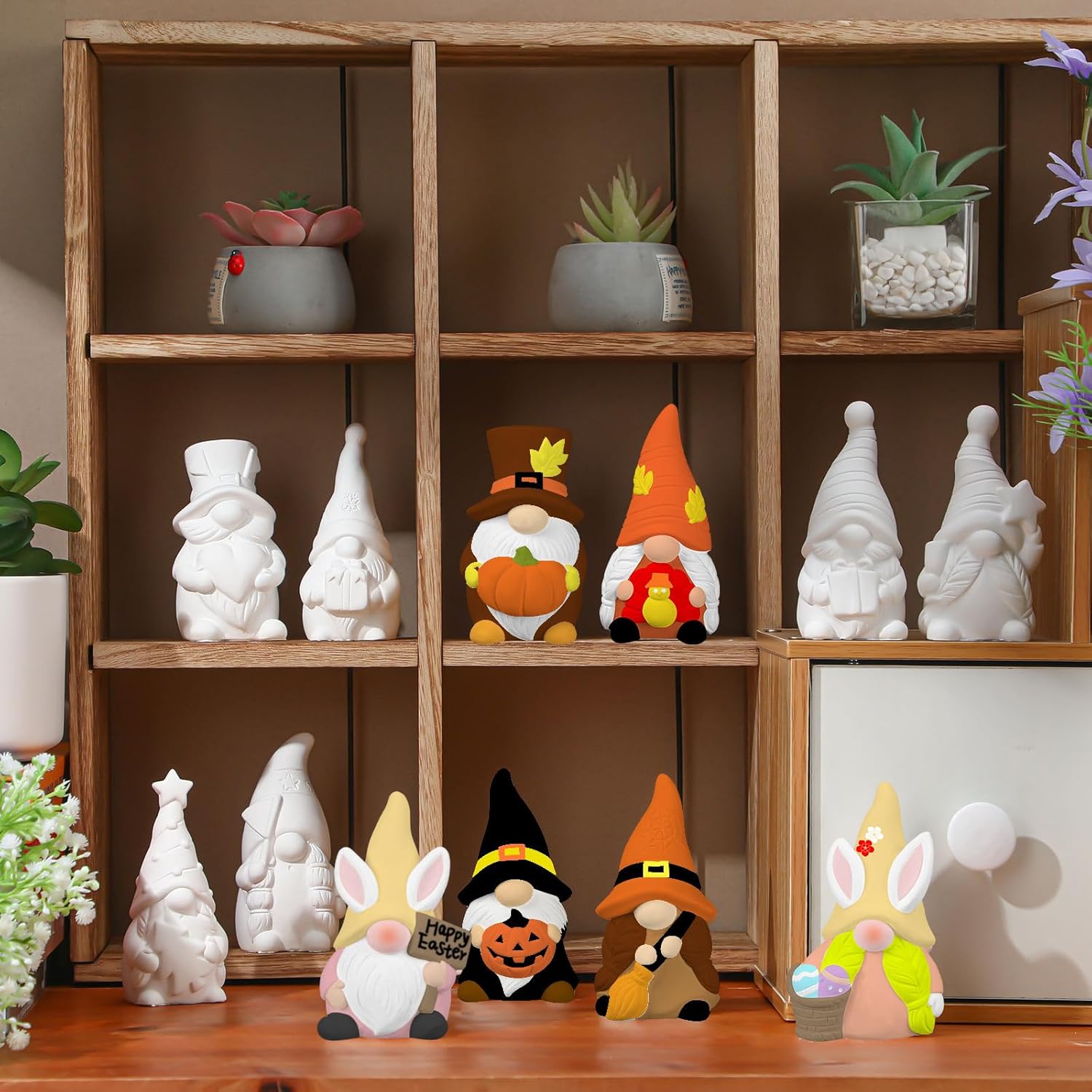 Sinmoe 24 Pcs Holiday Seasonal Paint Your Own Ceramics Gnomes Valentines Decor Paintable Figurines Ceramics to Draw for Adults Paintable Blank Gnomes Statues Plaster Figurines with Brush Palette Paint