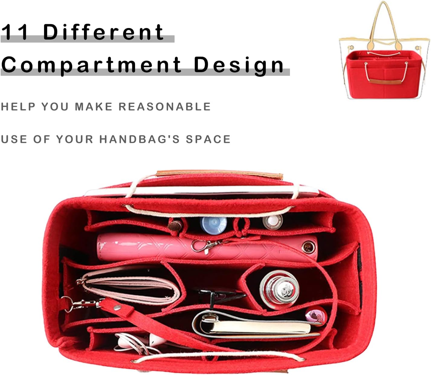 D.DUO Tote Organizer Insert, Purse Insert for Handbags, Tote Bag Organizer with 11 Pockets, Suitable for Neverful for Speedy for Carryall for Birkin and More (Beige, L) - Image 4