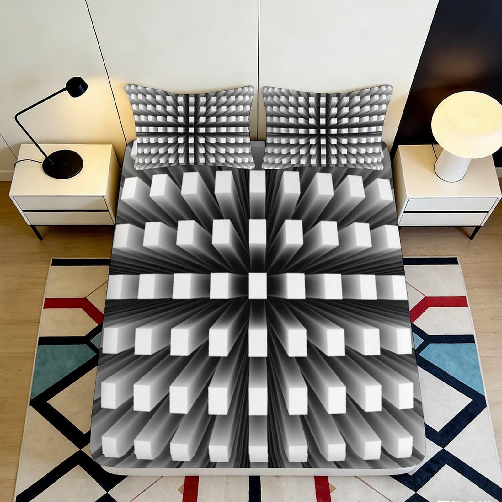 3D Printed Geometric Optical Illusion Fitted Sheet Microfiber Soft Black White Cube Bed Cover for Bedroom Dorm Decor 90x200x25cm