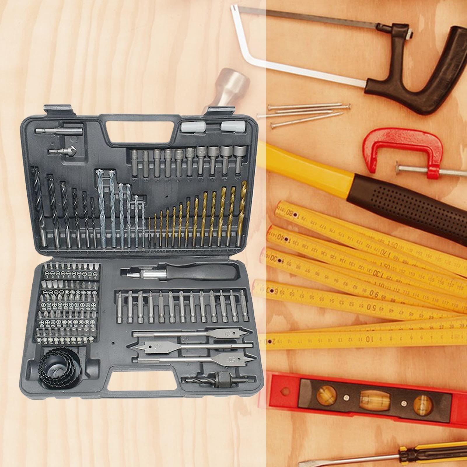 Set di attrezzi multifunzionali - Kit con custodia per trapano, calcestruzzo progettato per forare legno, materiali metallici per riparazioni, lavorazione del legno, carpenteria, costruzione