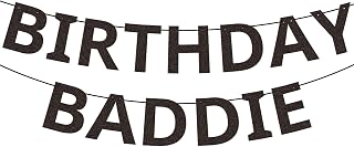 Birthday Baddie Banner, Pre-Strung Black Glitter Banner Funny Party Decoration for Women and Men Birthday Party Supplies