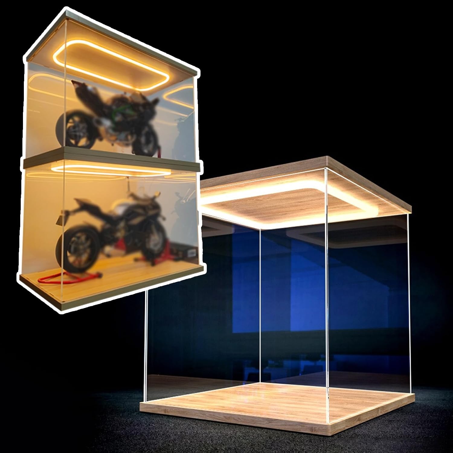 Acrylic Display Case Long Lighted Acrylic Display Cases with Door, Transparent Stackable Hobby Showcase Boxes, Dust Proof Waterproof Countertop Toy Box(35x25xH15cm/14x10x6in)