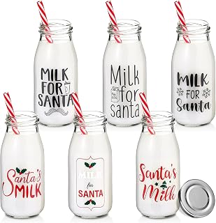 Zubebe 6 Pcs 8oz Christmas Milk for Santa Glass Milk Bottle with Lids Straws Xmas Reusable Milk Glass Holiday Gift for Christmas Kids Family Friends