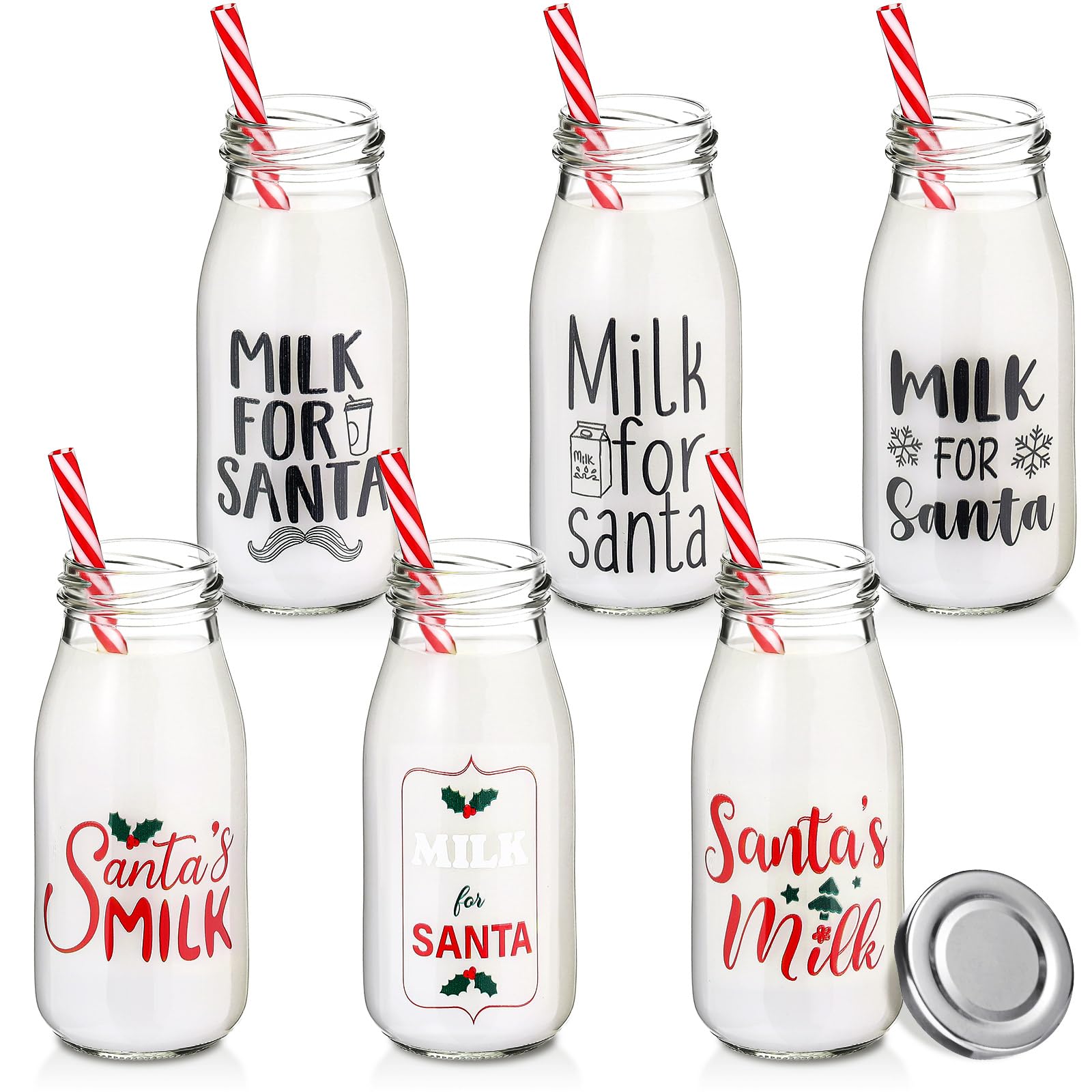 Zubebe 6 Pcs 8oz Christmas Milk for Santa Glass Milk Bottle with Lids Straws Xmas Reusable Milk Glass Holiday Gift for Christmas Kids Family Friends