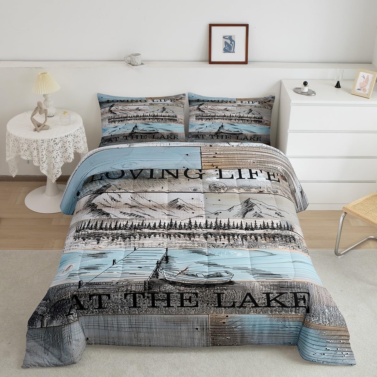 Erosebridal Lake House Twin Size Comforter Set, Rustic Farmhouse Bedding Set for Kids Boys Teens Adult Women, Wooden Bridge Blue Grey Duvet Sets