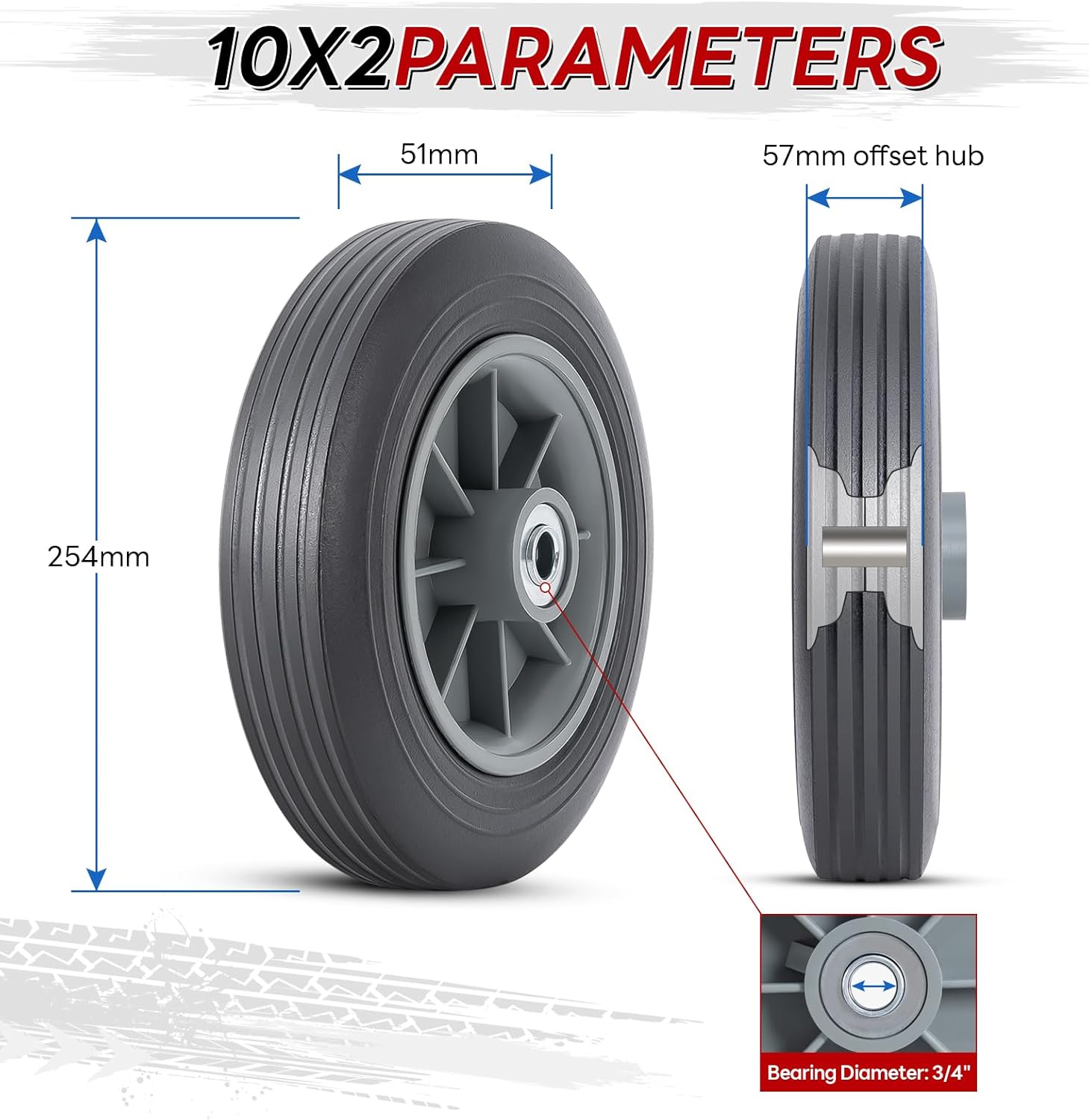 2 Pcs 10" Solid Tires, 10" x 2" Flat Free Tire and Wheel,1/2", 3/4", 5/8" Axle Bore Hole and Double Sealed Bearings, 2.23" Offset Hub Compatible with Hand Truck, Wheelbarrow, Lawn Mower Tires P-125