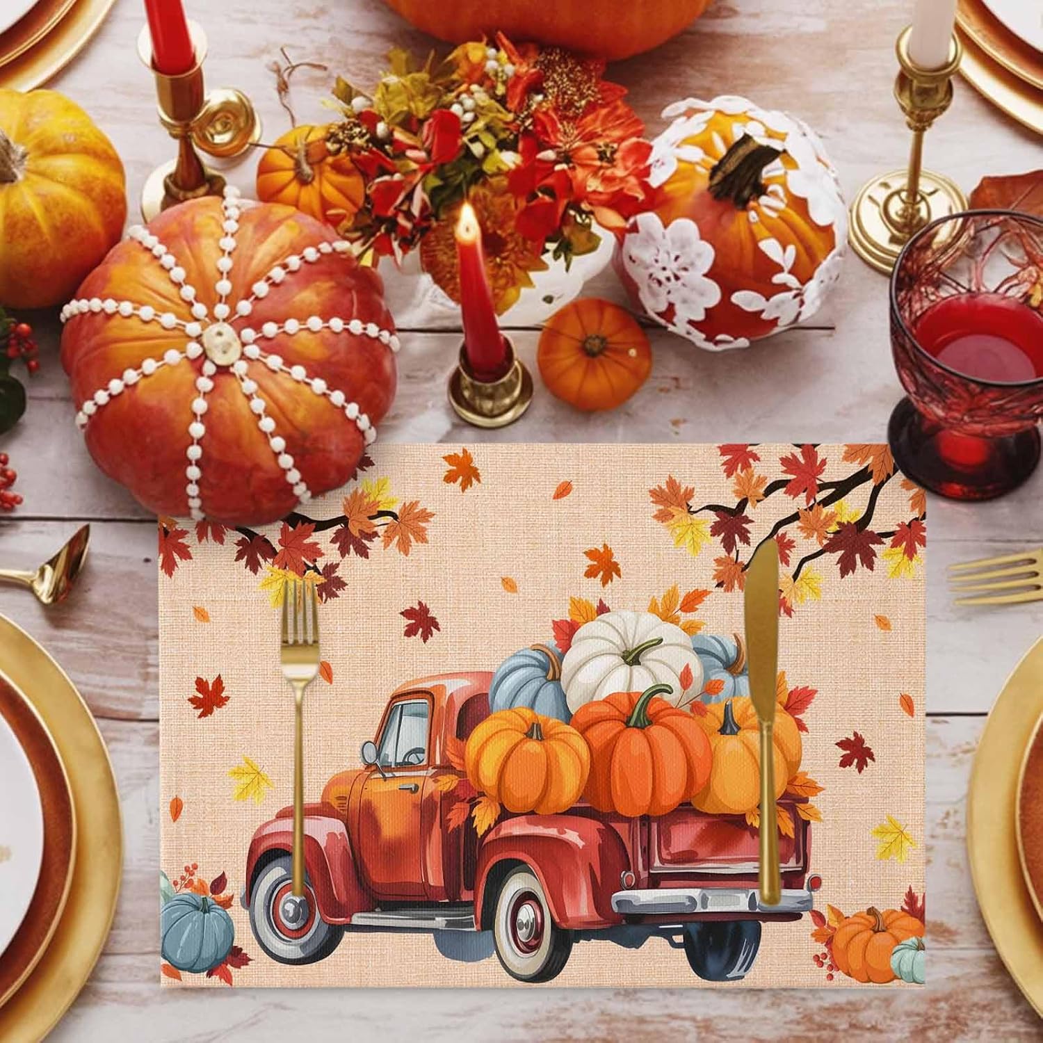 Fall Placemats Set of 6, Pumpkin Truck Placemat for Dining Table Decorations, Washable Cotton Linen Autumn Place Mats, Maple Leaves Table Mats for Kitchen Dinner Thanksgiving Holiday Party Decor