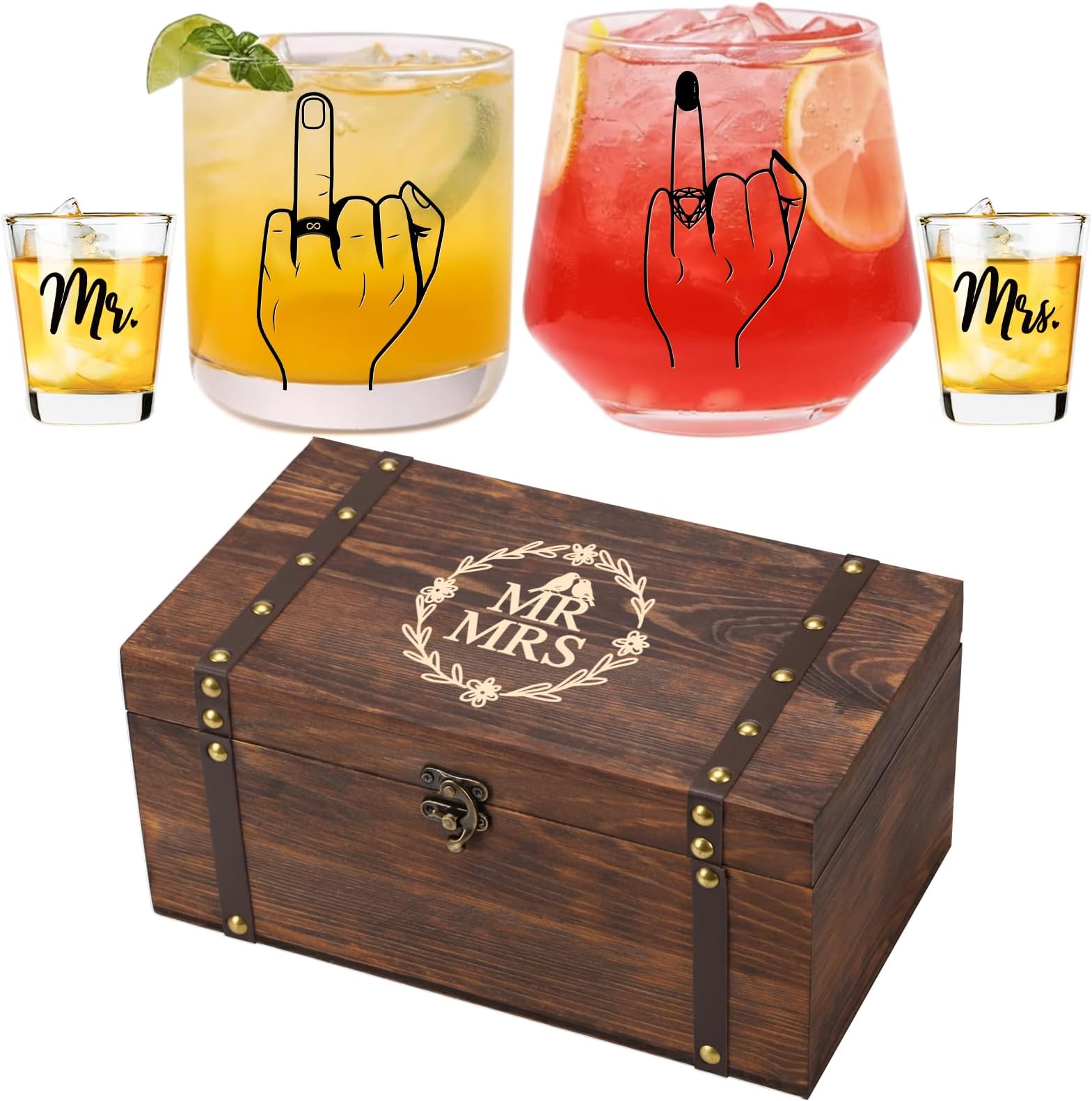 Engagement Gift Set for Couples - Ring Finger Wine Glasses, Personalized Mr and Mrs Shot Glasses & Keepsake Box,Unique Bridal Shower & Wedding Gift for Newly Engaged, Mr & Mrs, Bride and Groom