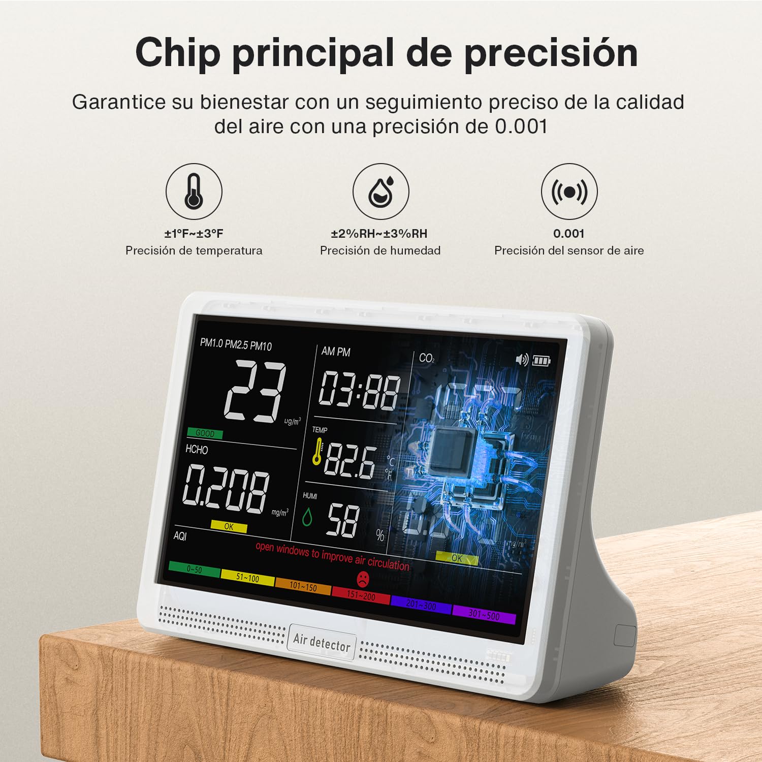 Moniteur de qualité d'air intérieur 16 en 1 avec écran 7", autonomie améliorée de 12 heures. Compteur professionnel pour CO₂, COV, PM2.5, PM1.0, PM10, HCHO, température, humidité, AQI et heure
