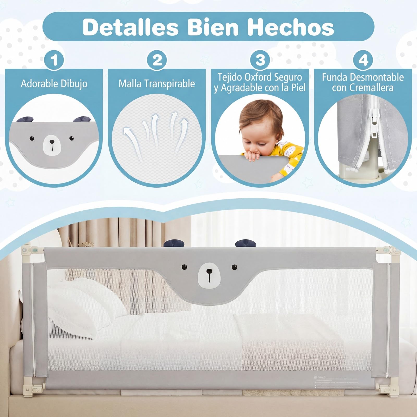 COSTWAY 180 cm Barrera Seguridad Niños, Barrera Cama para Bebé con Cremallera, Altura Regulable 72,5-101,5 cm, Protector de Cama para Niños, Barandilla de Seguridad con Diseño Animado (Estilo 2)