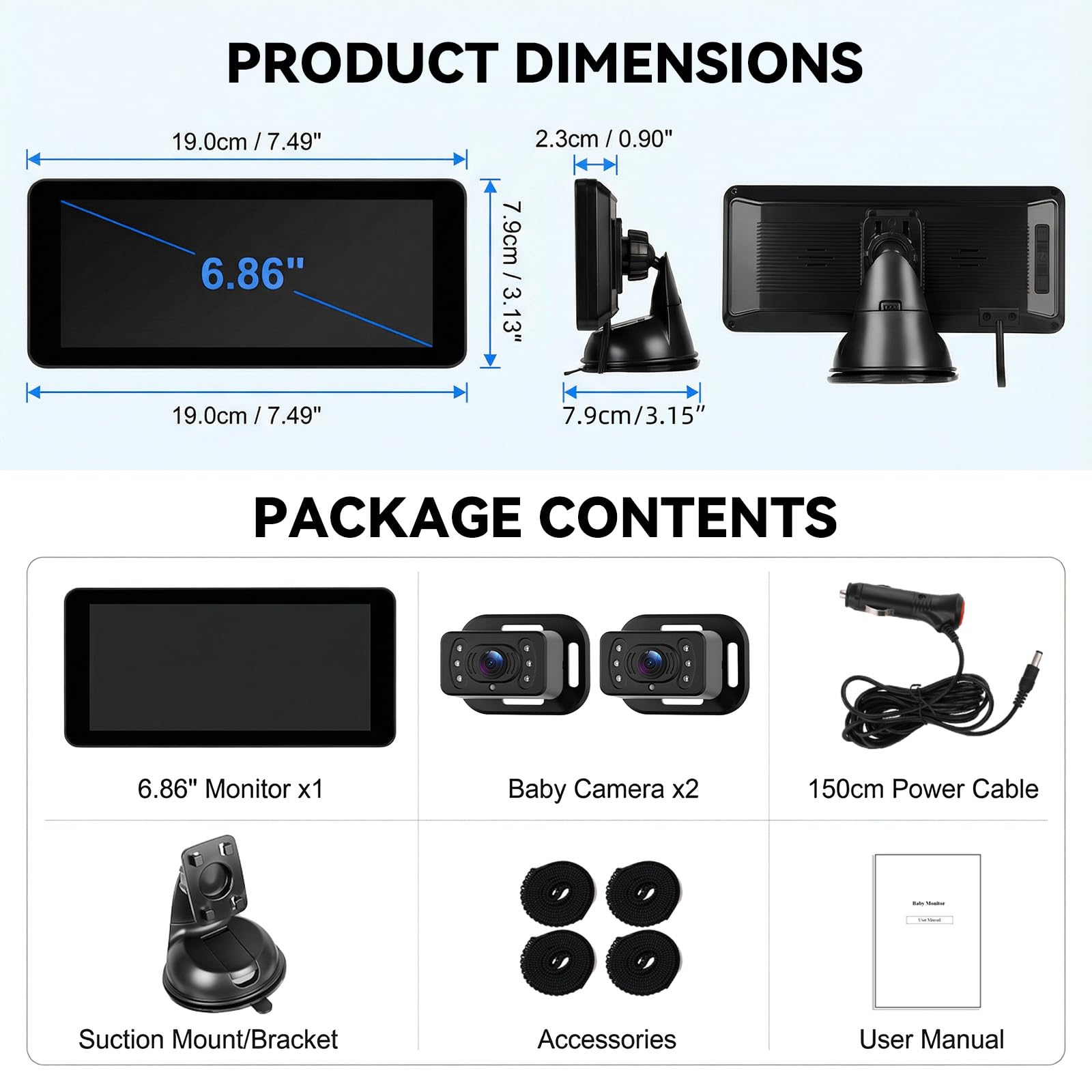 SIXTOP Caméra Bébé pour Voiture, Moniteur IPS 6,86 Pouces avec 2 Caméras HD Arrière (Siège), Vision Nocturne & Angle Large de 90°, Installation Sûre et Stable pour Voiture/SUV/Van