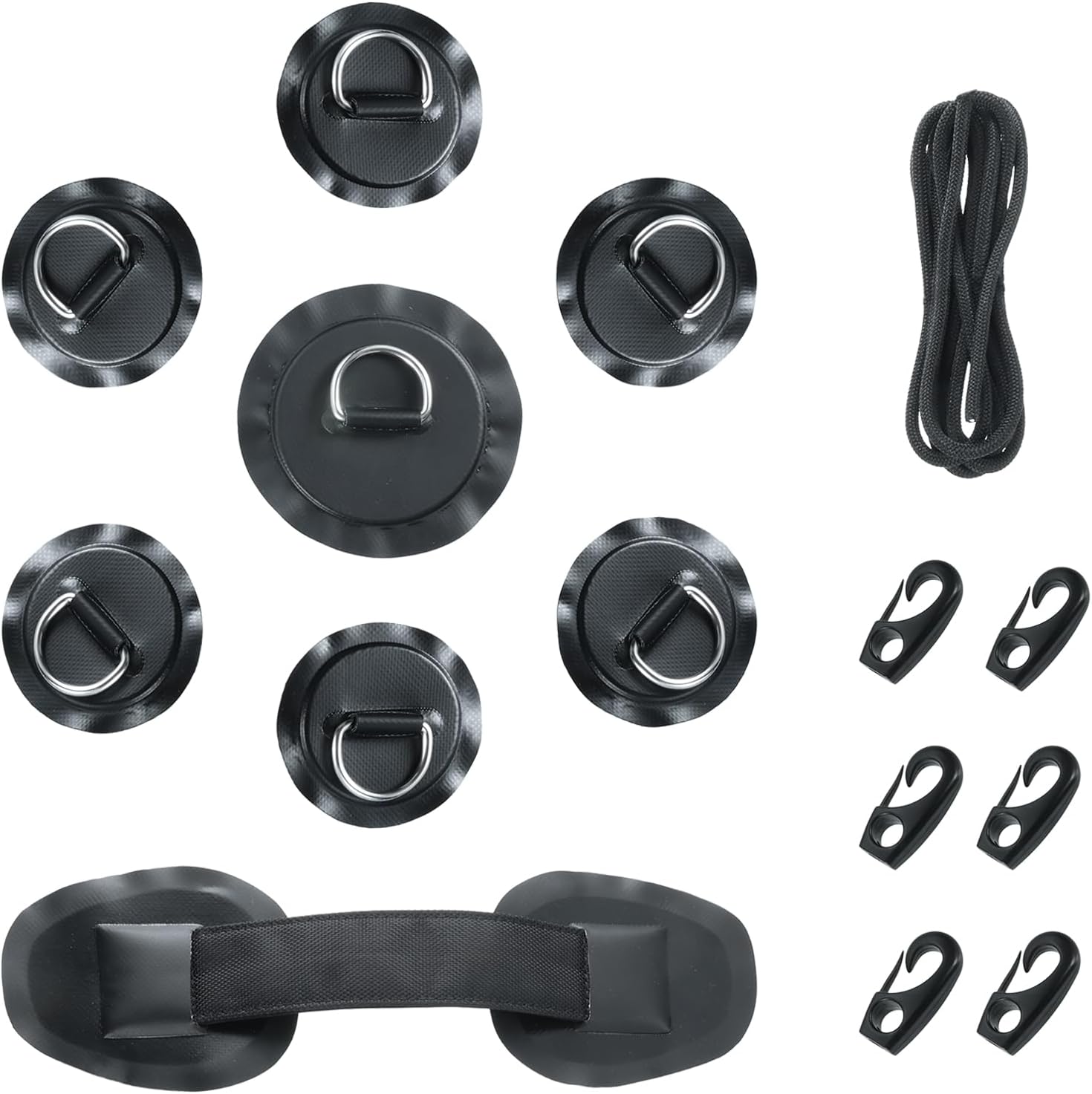 8 Pcs Round D-Ring PVC Patches Pads Set with 20FT Bungee Shock Cord & Hooks | for Kayak Inflatable Boat Dinghy SUP, Stand-up Paddleboard Rafting Accessories