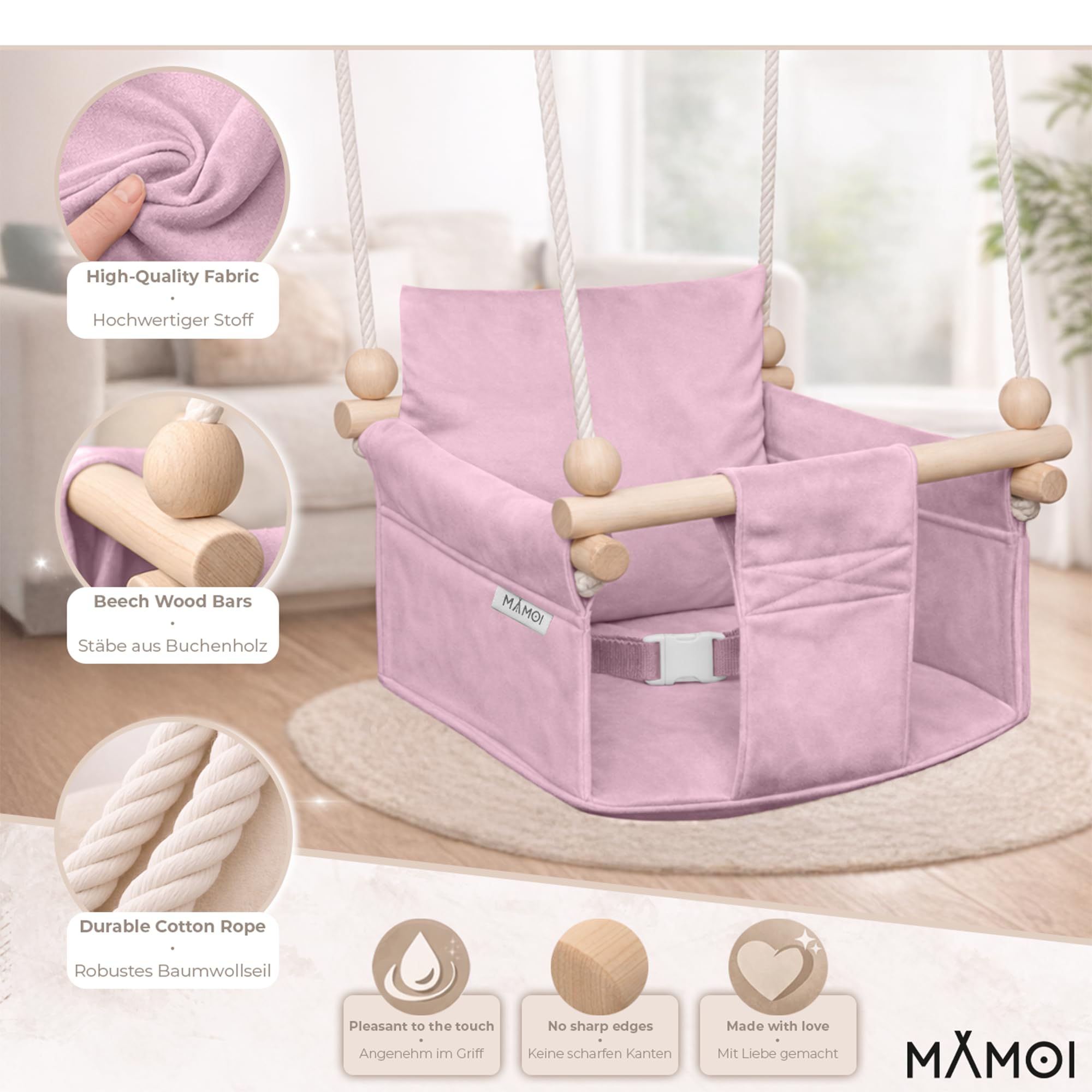 MAMOI® Balancoire Interieur pour Bebe et Enfants, Siege balançoire en Bois et en Coton pour bébé, Balansoire pour Enfant, Balancelle scandinave, Baby Swing