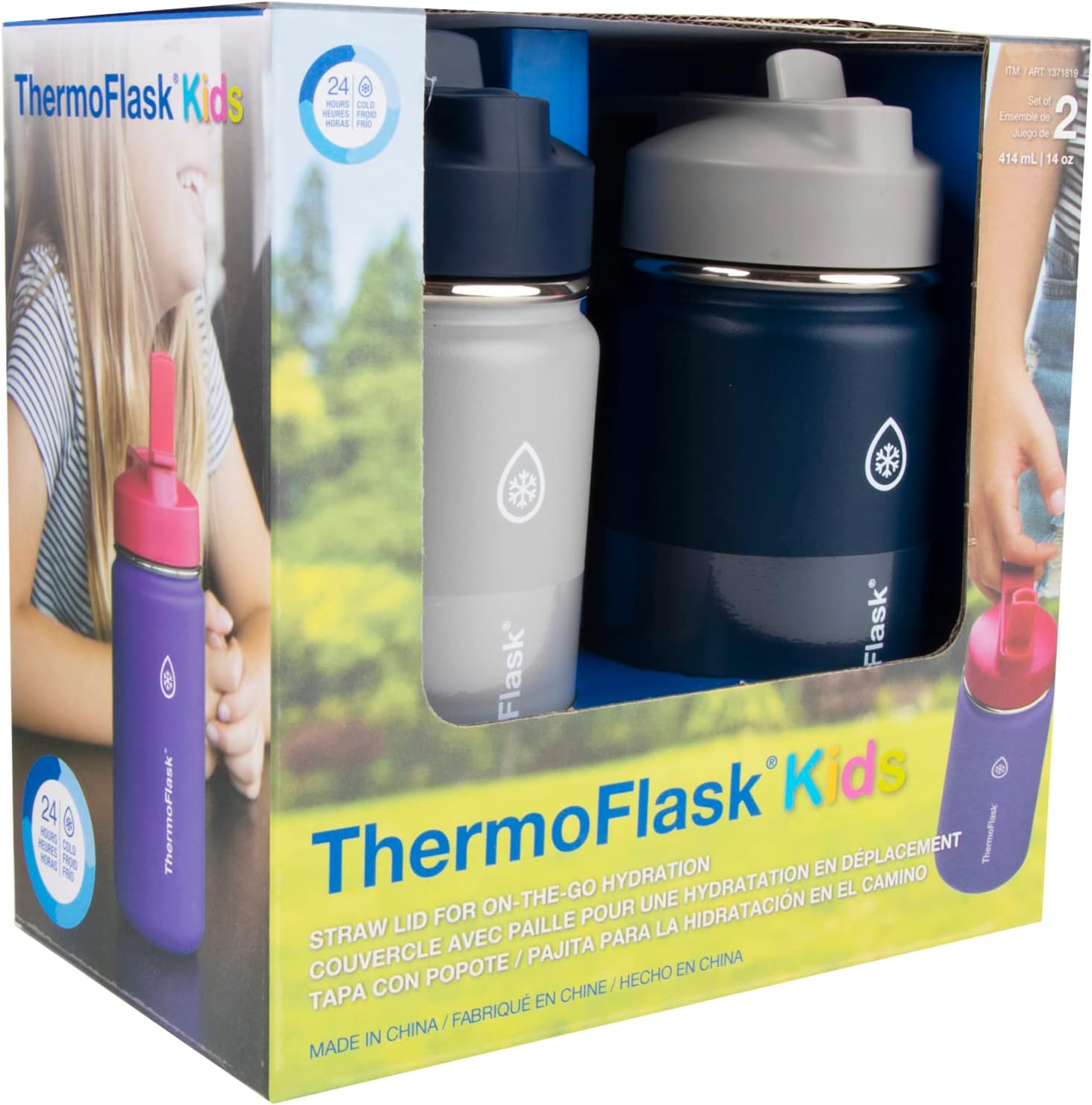 ThermoFlask Kids 14 oz Insulated Water Bottles with Straw Lid BPA-Free Stainless Steel Leakproof & Spill-Proof Design Easy Clean Wide Mouth 2-Pack for School, Sports, Playdates, Harbor Grey/Denim - Image 2