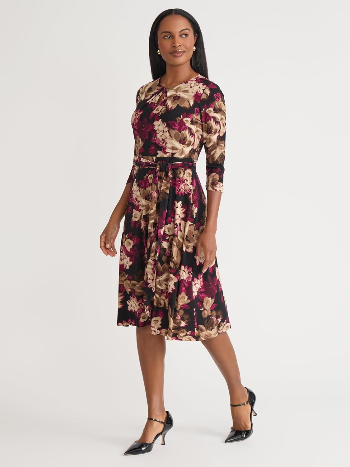 Kasper Women's Red 3/4 Sleeve Floral Printed Belted Jersey Dress Kasper ドレス3/4 Sleeve Floral Printed Belted Jersey Dressレディース