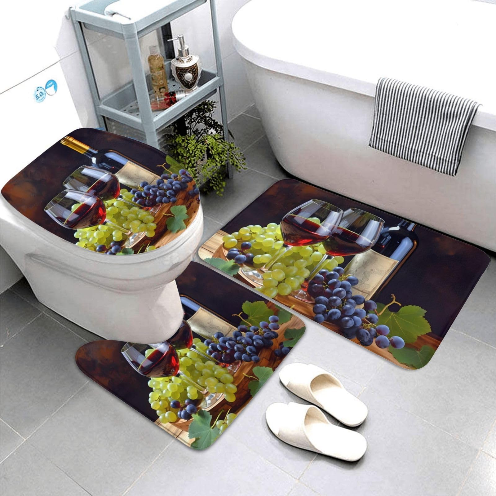 Tapis contour WC et bain confortable 3 pièces décoratif motif verres et raisins de luxe