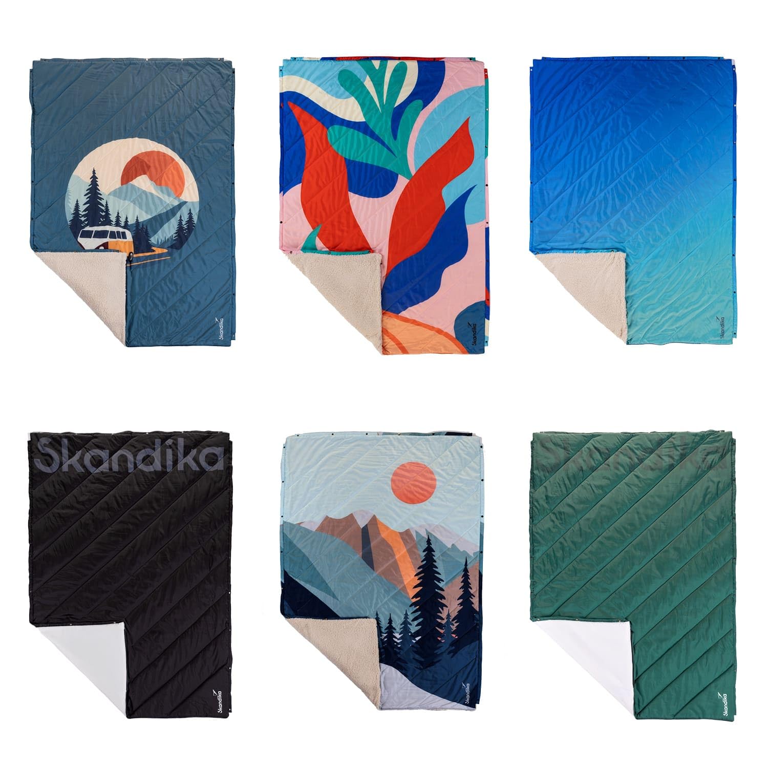 Skandika Campingdecke Liva | 4-in-1 Outdoor Decke, 200 x 135 cm, Überwurf, Schlafsack, Kissen, mit Teddyfell oder Nylon Unterseite, Wattierung aus Polyester, wasserdicht (Berge | Teddyfell)