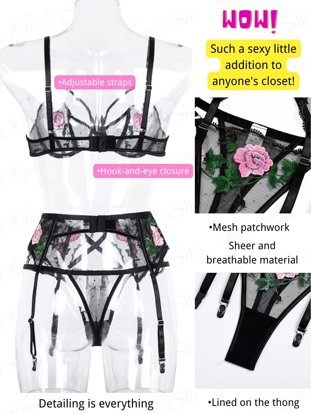 Kaei&Shi Bridal Lingerie for Women,Bachelorette Party Sexy Lingerie Garter Set,Floral Embroidered Sheer Bra and Panty Sets