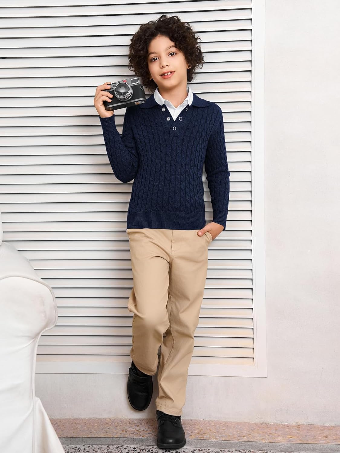 Haloumoning Boys Cable Knit Polo Shirt Kids Long Sleeve Sweater Fall Fashion Clothes 5-14 Years - Image 5