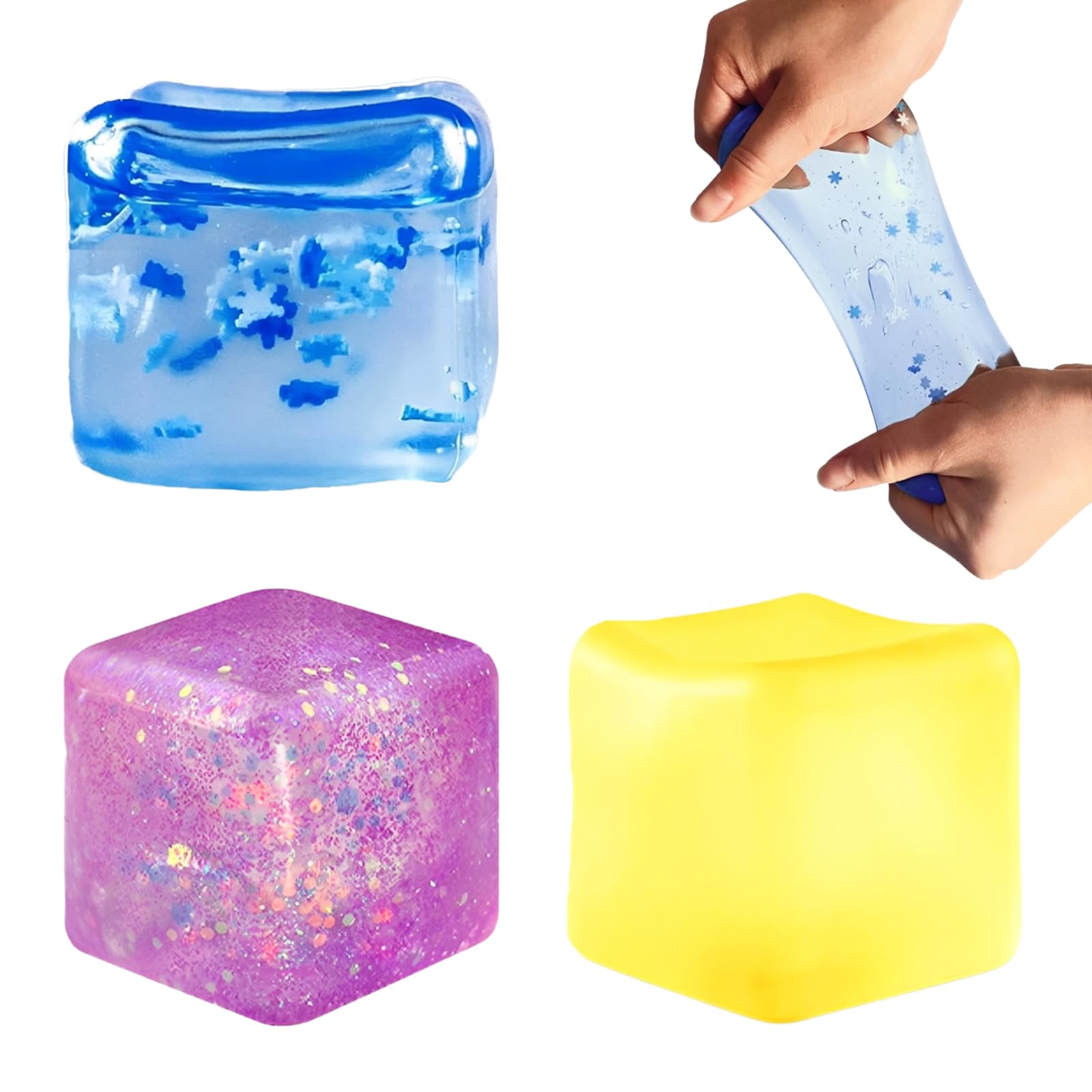 3PCS Ice Cube Squishy Toys, Sensory Fidget Toys for Stress Relief and Focus, Soft TPR Ice Cube Fidget Toy Set for Kids and Adults, Classroom and Office Use (Yellow, Blue, Purple)