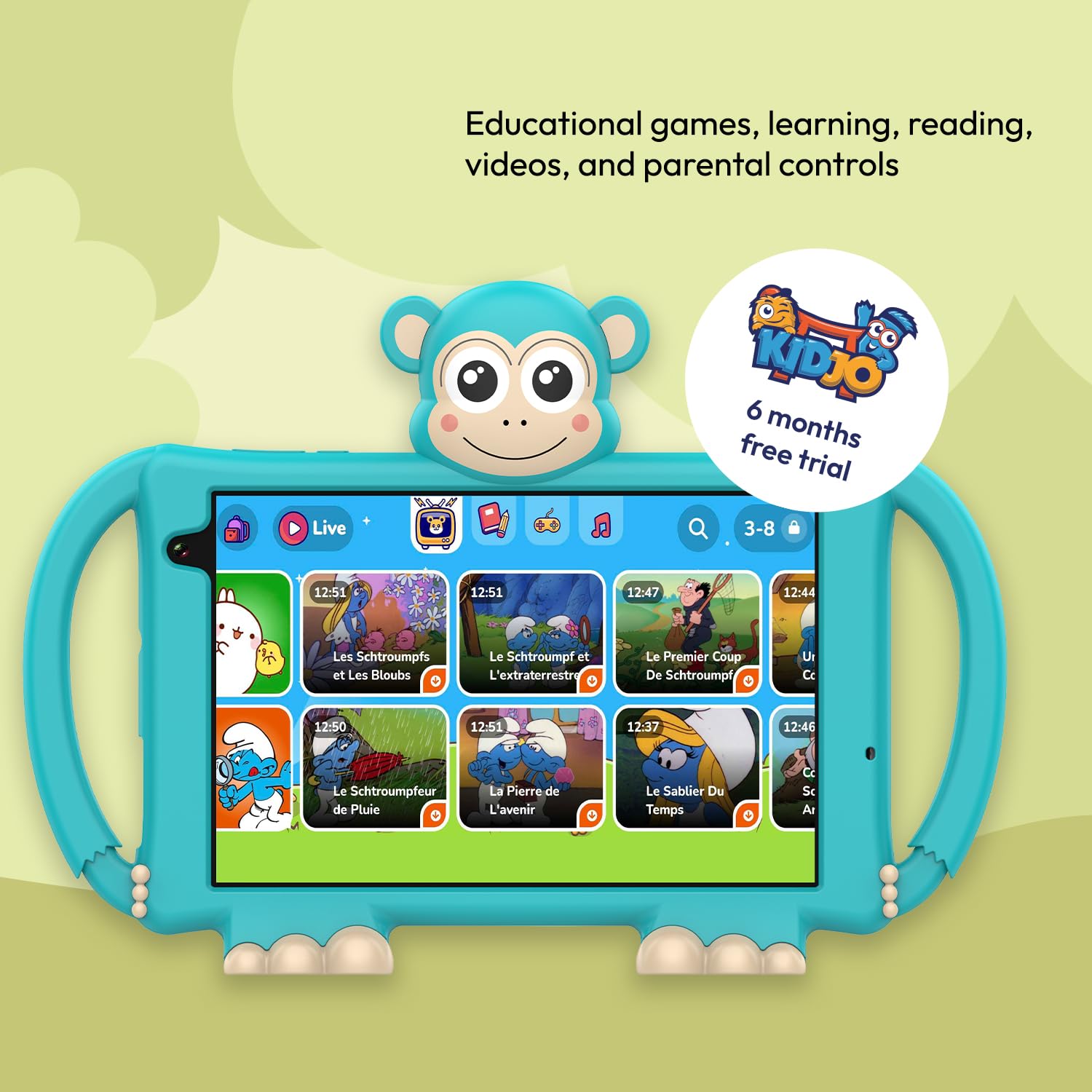 Logikids Buddy - Tablette Enfant - 8" - 3 a 8 Ans - Android 15 - WiFi 6-4 Go RAM - 64 Go + 256 Go - Éducative et Ludique avec Coque Silicone - Contrôle Parental - Kidjo 6 Mois Offerts