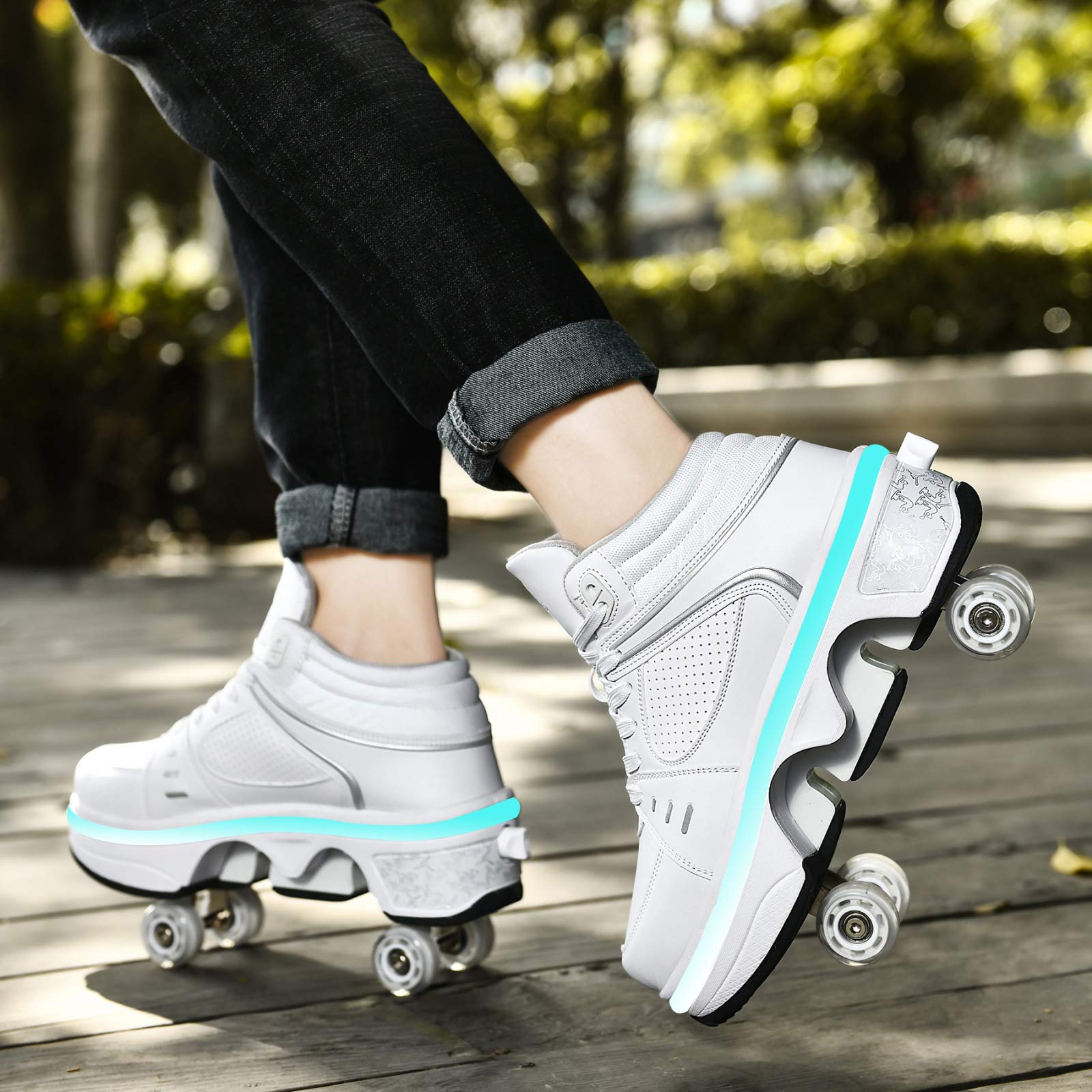 Rolschaatsen LED Voor Dames Inline Skate 2-in-1 Multifunctionele Schoenen Verstelbare Quad Rolschaatsen Laarzen Dubbele Rij Vervormingsschoenen,Silver(lowTop)-EU41/UK7