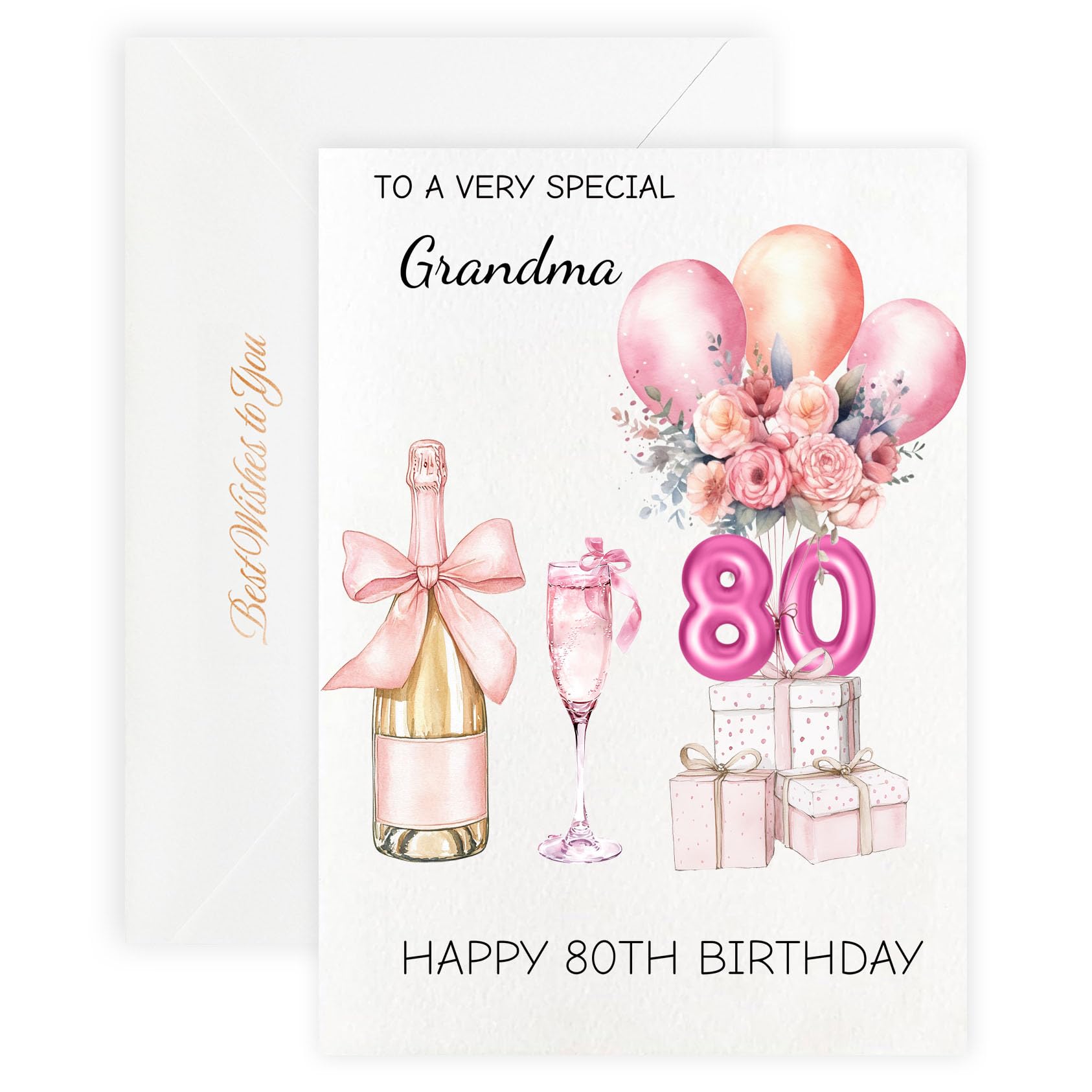 MAGJUCHE 80th Birthday Cards for Grandma, Pink Happy Birthday Cards, with Envelope and Wax Seal, 5x7 inch