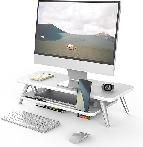 Vista 9 de Fenge Soporte para monitor doble, soporte elevador para 2 monitores, estante de escritorio de madera de 42.5 pulgadas con organizador