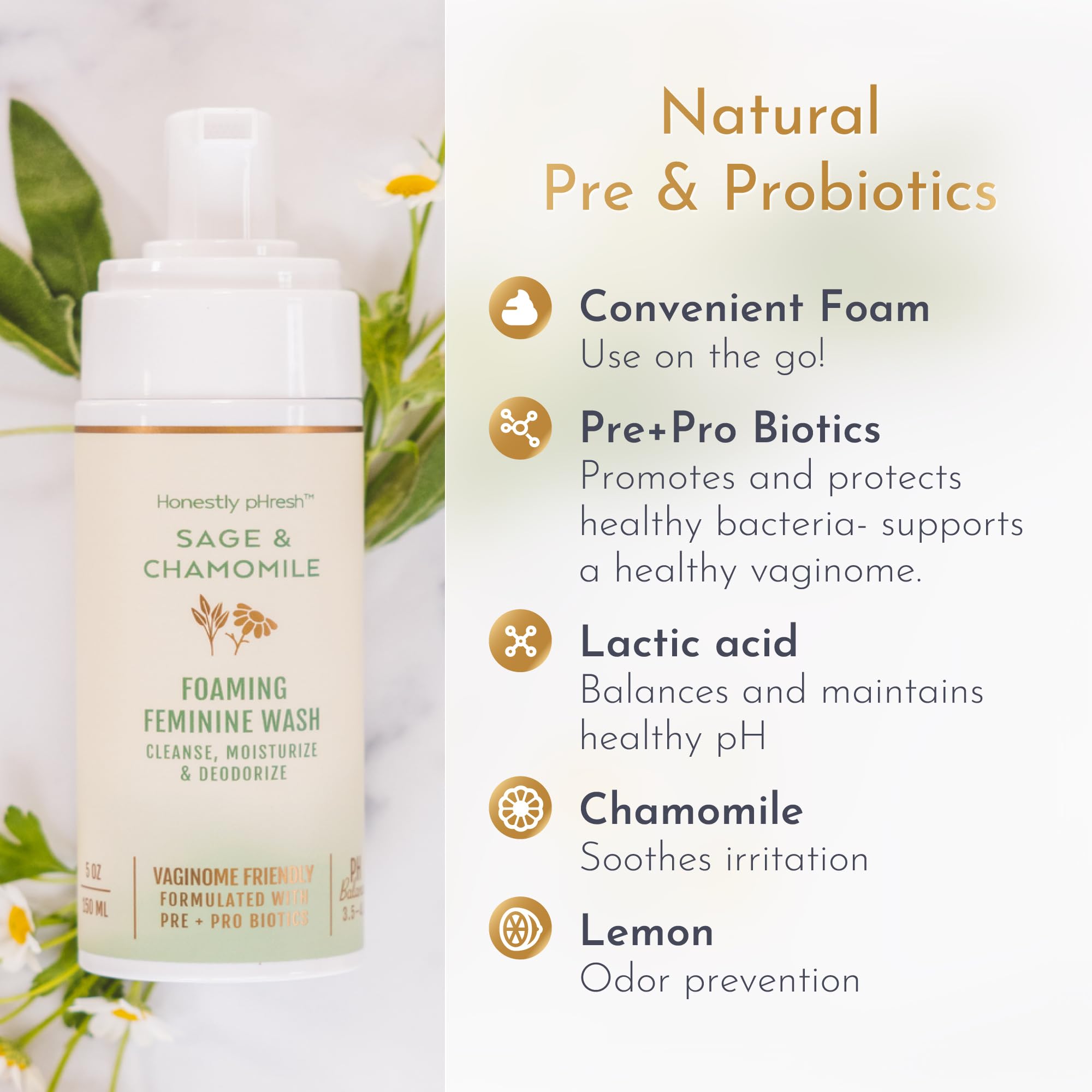 Honestly pHresh Foaming Feminine Wash for Women – pH Balanced Natural Intimate Cleanser with Prebiotics & Probiotics. Vegan, Sensitive Skin Safe. Made In USA - Rose & Bergamot Scent, 5 oz