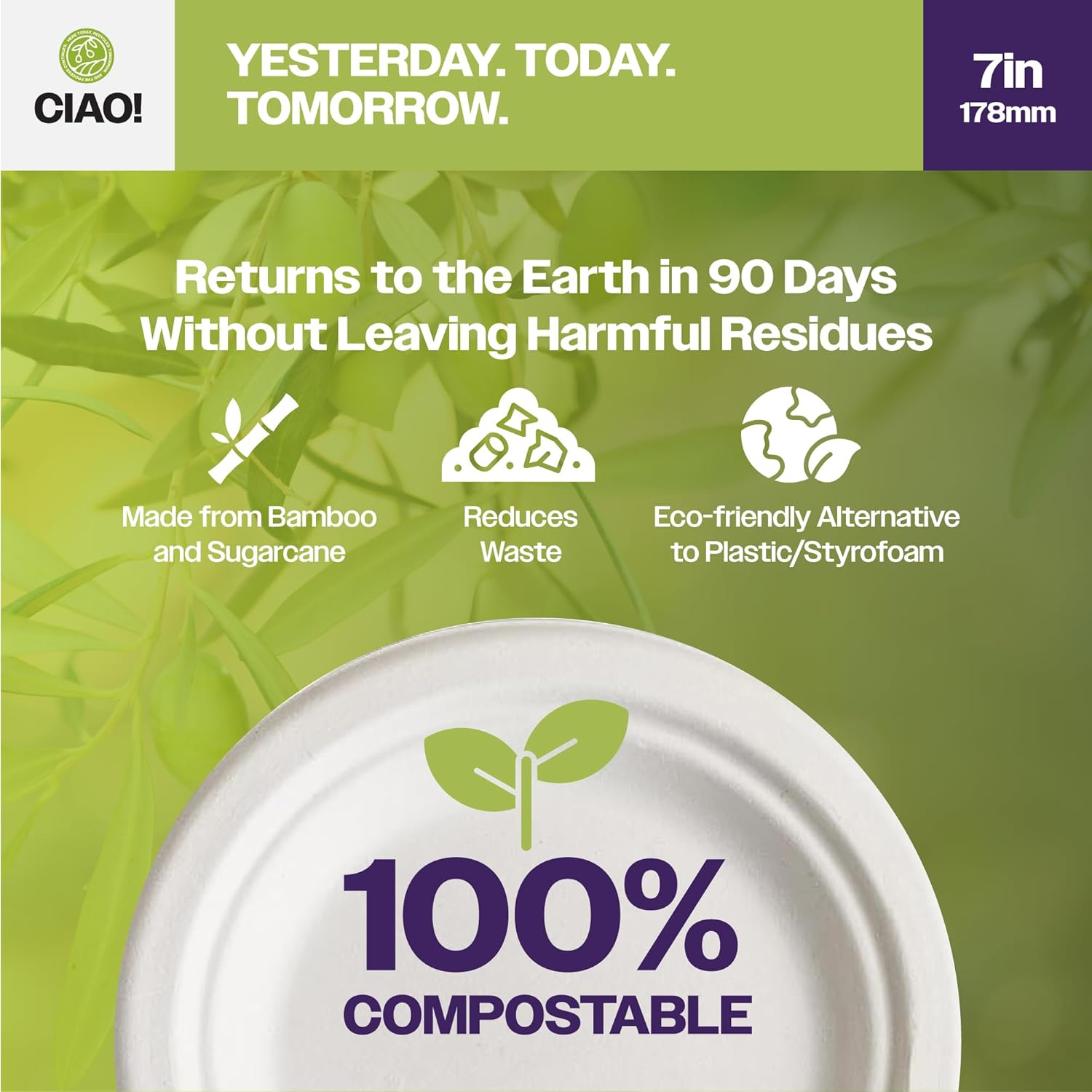 CIAO! 7" Heavy Duty Plate 100% Compostable Ecofriendly PFAS Free Unbleached Bagasse Natural White (Pack of 1,000)