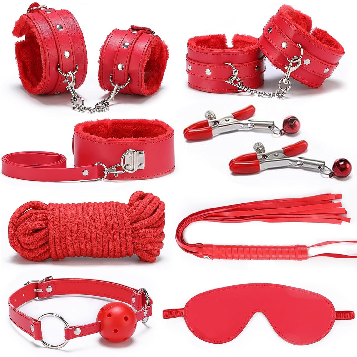 BDSM Bondage Sex Toys Restraints - 16 Kit Gear for Ball Gag Sex Whip Cuffs Rope Collar Blindfold Leash Low Temperature Candles Dice Anal Plug (Pink) (Red, 9PCS)