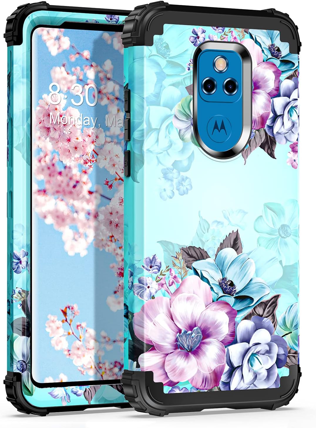 Casetego for Moto G Play 2021 Case,Floral Three Layer Heavy Duty Sturdy Shockproof Soft Silicone Rubber+Hard Plastic Bumper Protective Cover Case for Motorola Moto G Play 2021,Blue Flower