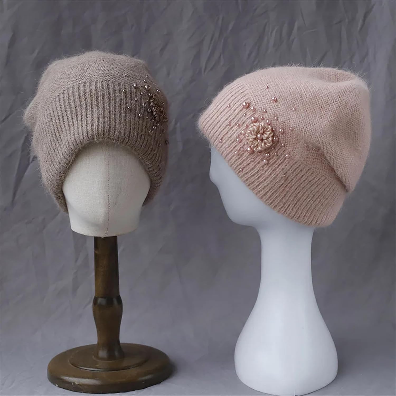 Women's Classic Pearls Knit Beanie Hat with Flowers Winter Thicken Warm Cold Weather Hat Classic Solid Color Skullies