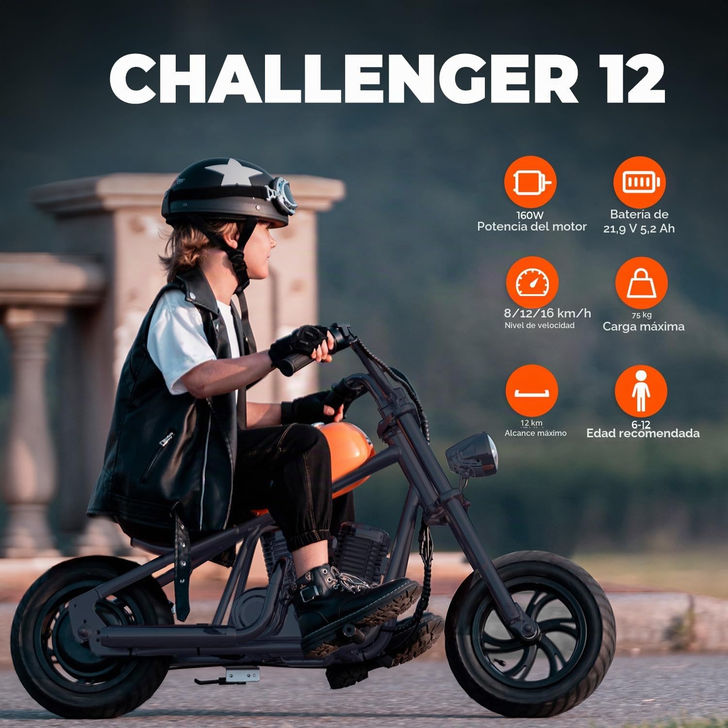 HYPERGOGO Challenger 12 Motocicleta Eléctrica Niños, Bicicleta eléctrica para niños con 3 velocidades, máximo 16 km/h, hasta 60 Minutos de Tiempo de Recorrido Continuo para niños/Adolescentes