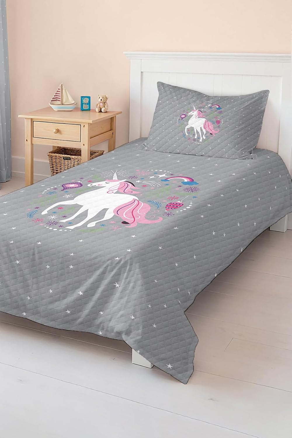 SODEF Quilt Set Pink Unicorn Pattern on Gray Background Kids and Teens Room Bedspread Lightweight Breathable Cotton Polyester Blend 63x87 in - Multicolor, One Size