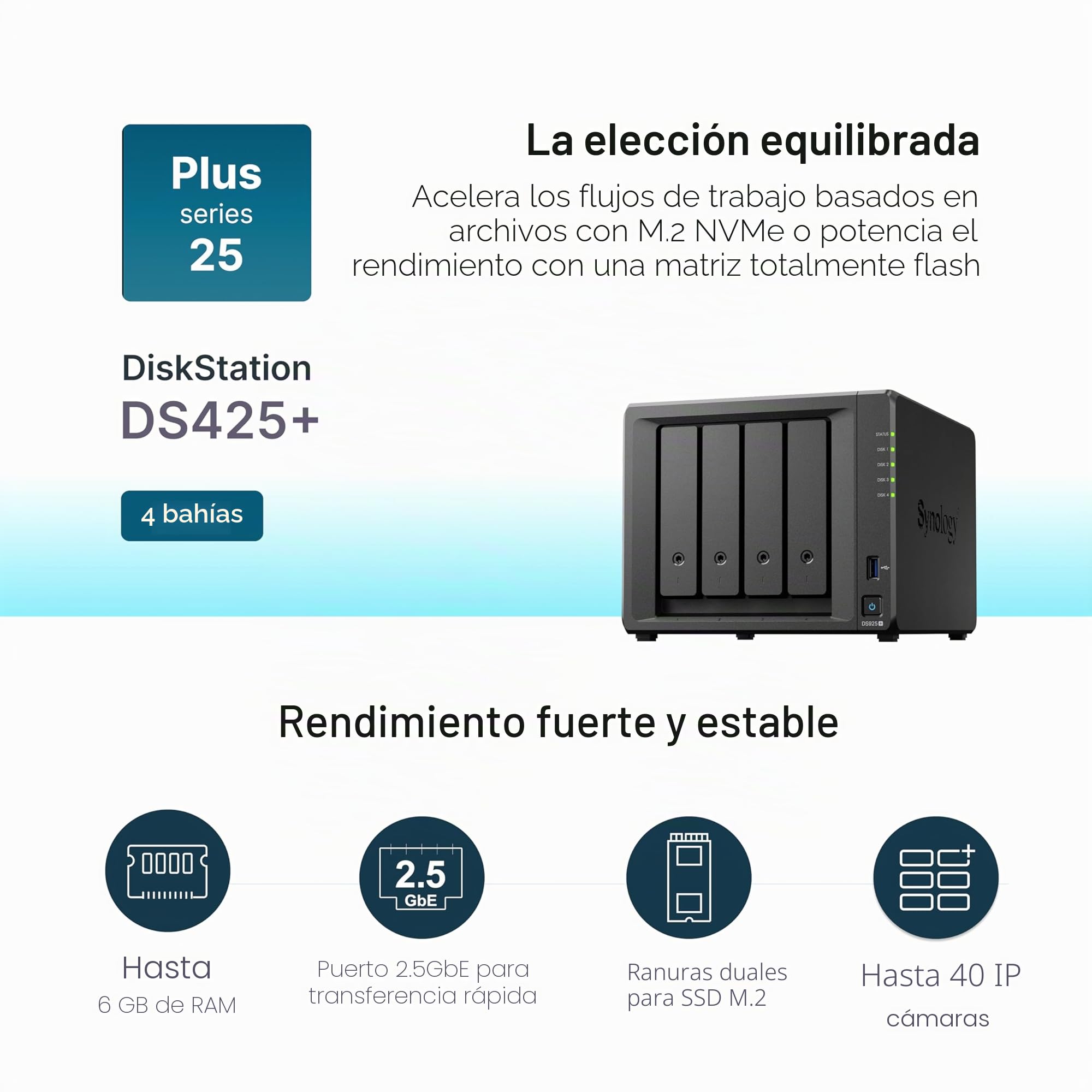 DS425+ Synology NAS de 4 bahías – Solución de Almacenamiento compacta con Puerto Integrado de 2.5 GbE