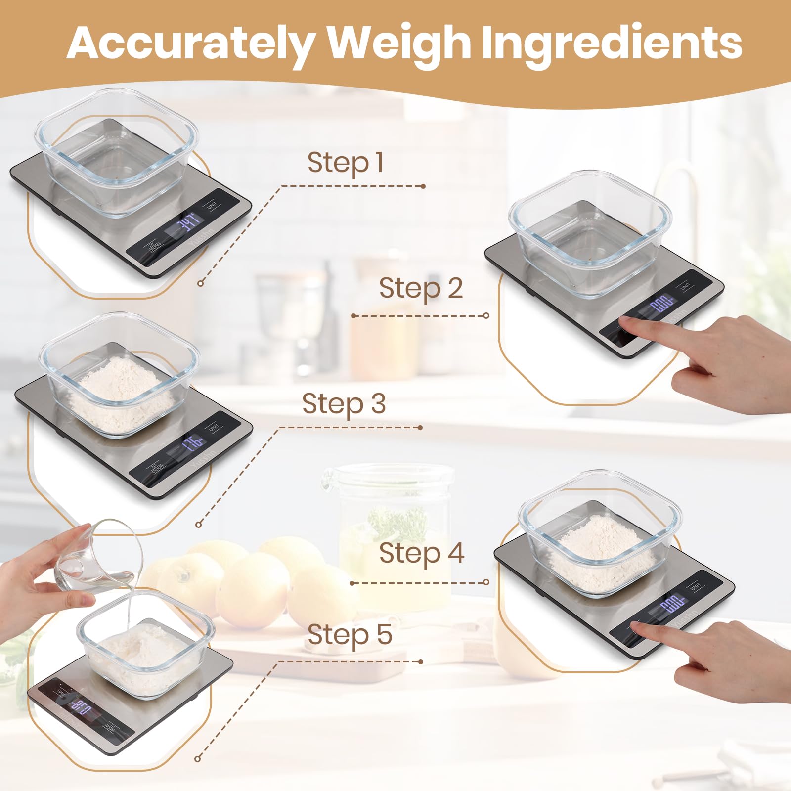 Yusshn Balance de cuisine numérique – Balance alimentaire de précision pour la cuisine et la pâtisserie (précision de 1 g) – Acier inoxydable étanche avec écran LCD, piles incluses – Poids en grammes