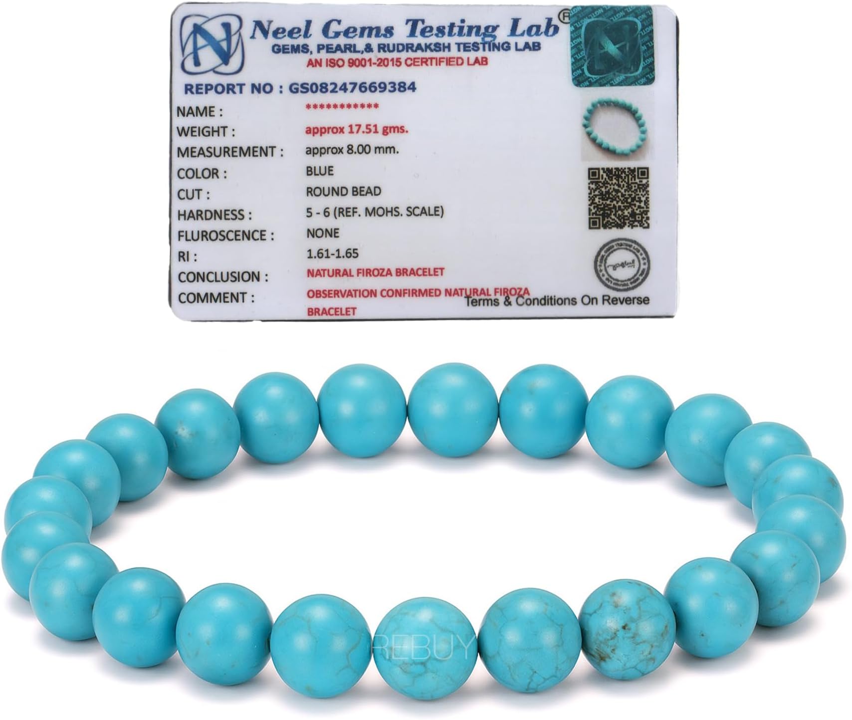 REBUY Turquoise Firoza Bracelet for Men & Women | Lab Certified Natural Crystal Healing Gemstone Attract Wealth & Money Postive Energy Good Luck Stone