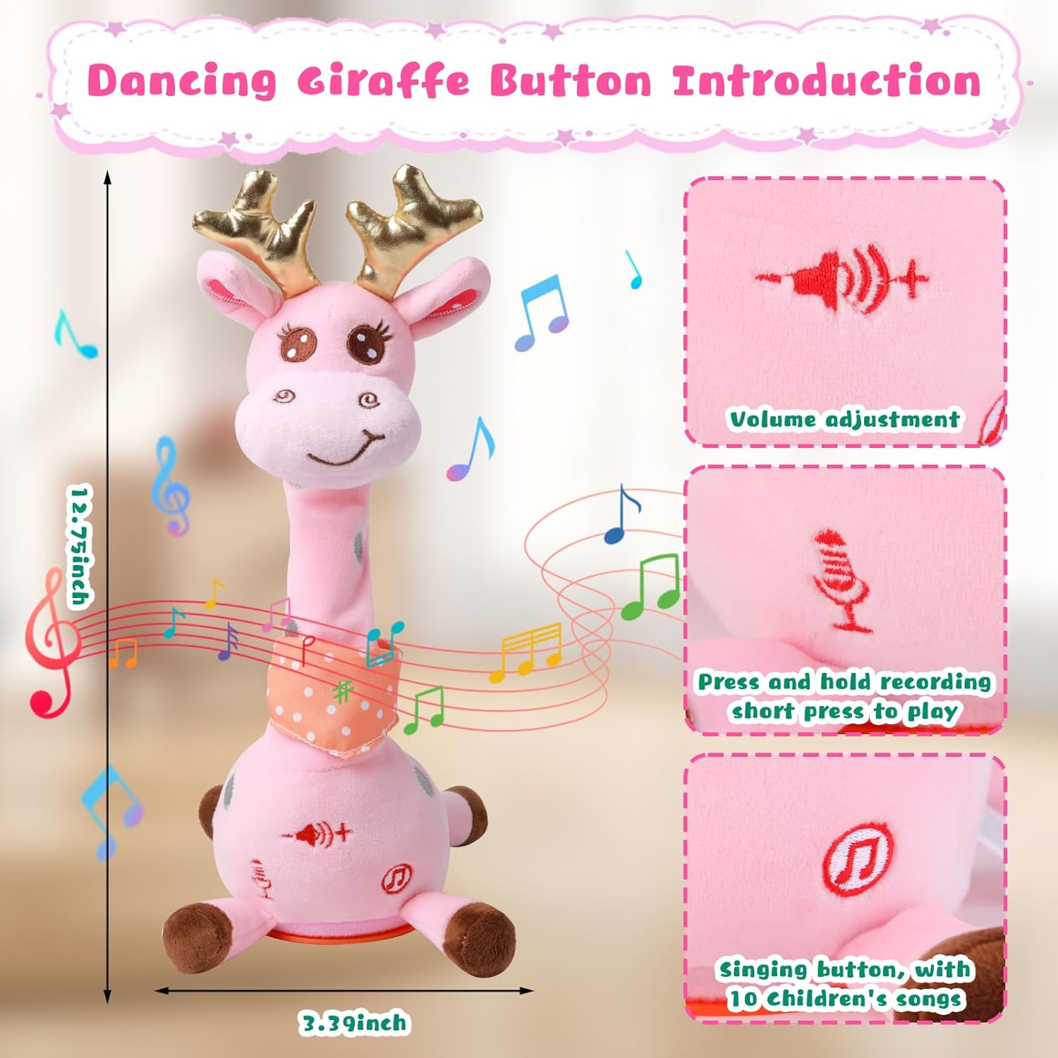 MIAODAM Dancing Talking Giraffe Stuffed Animal, Singing 10 Children's Song, Baby Toy Repeats What You Say, Colorful Glowing Giraffe PlushToys for Toddlers 1-3 Year Easter Day Gifts for Kids(Pink)