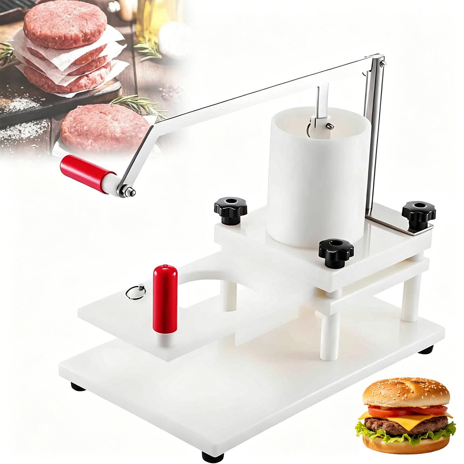 Gewerblicher Hamburger-Patty-Maker – Manuelle Burgerpresse mit großem Einfülltrichter, Fleischpatty-Maschine aus lebensmittelechtem PE und Edelstahl für Schnellküchen
