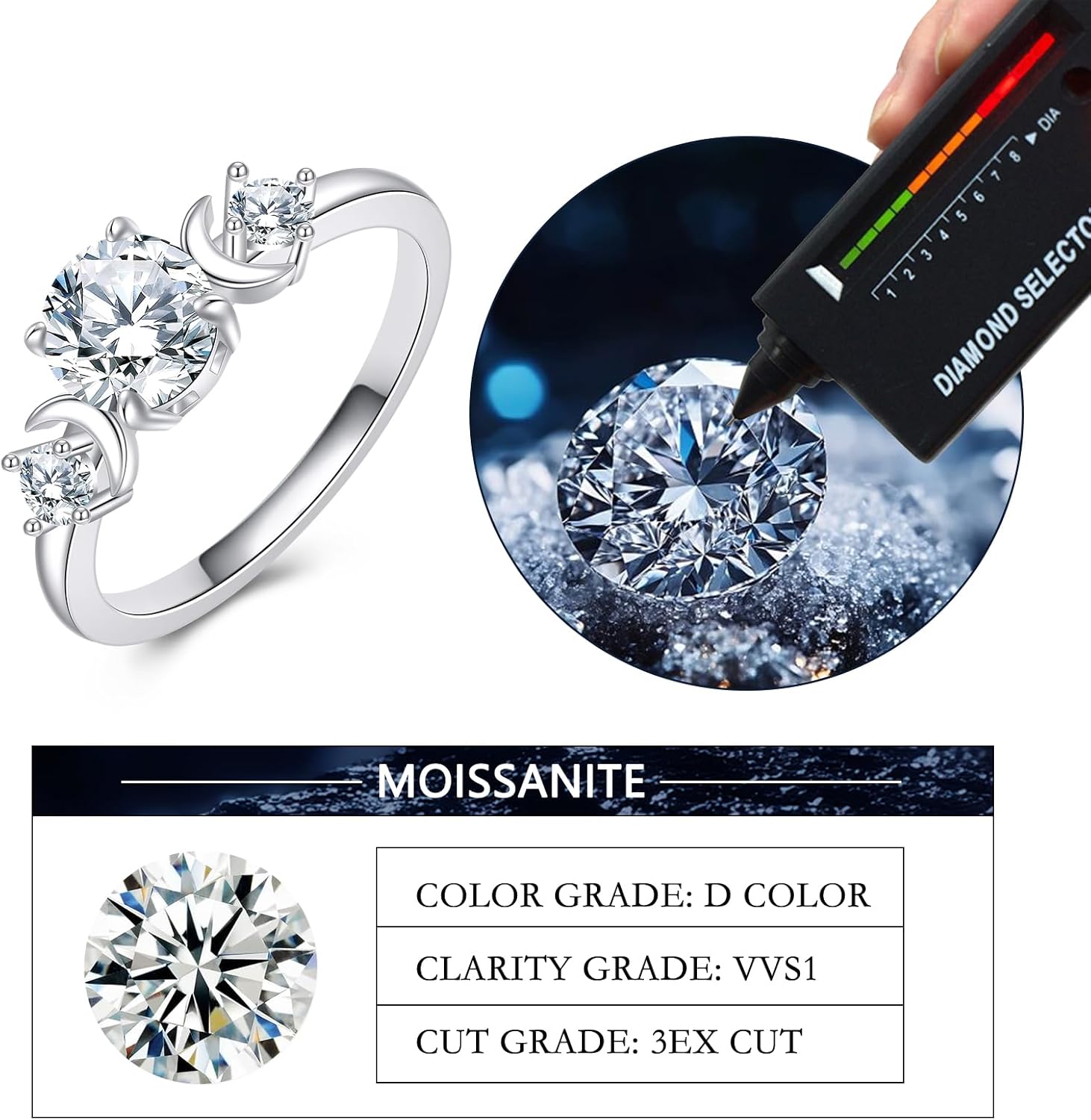 Moissanite Triple Moon Ring 925 Sterling Silver 1ct Lab Created Diamond Finger Ring Jewelry Gifts for Women