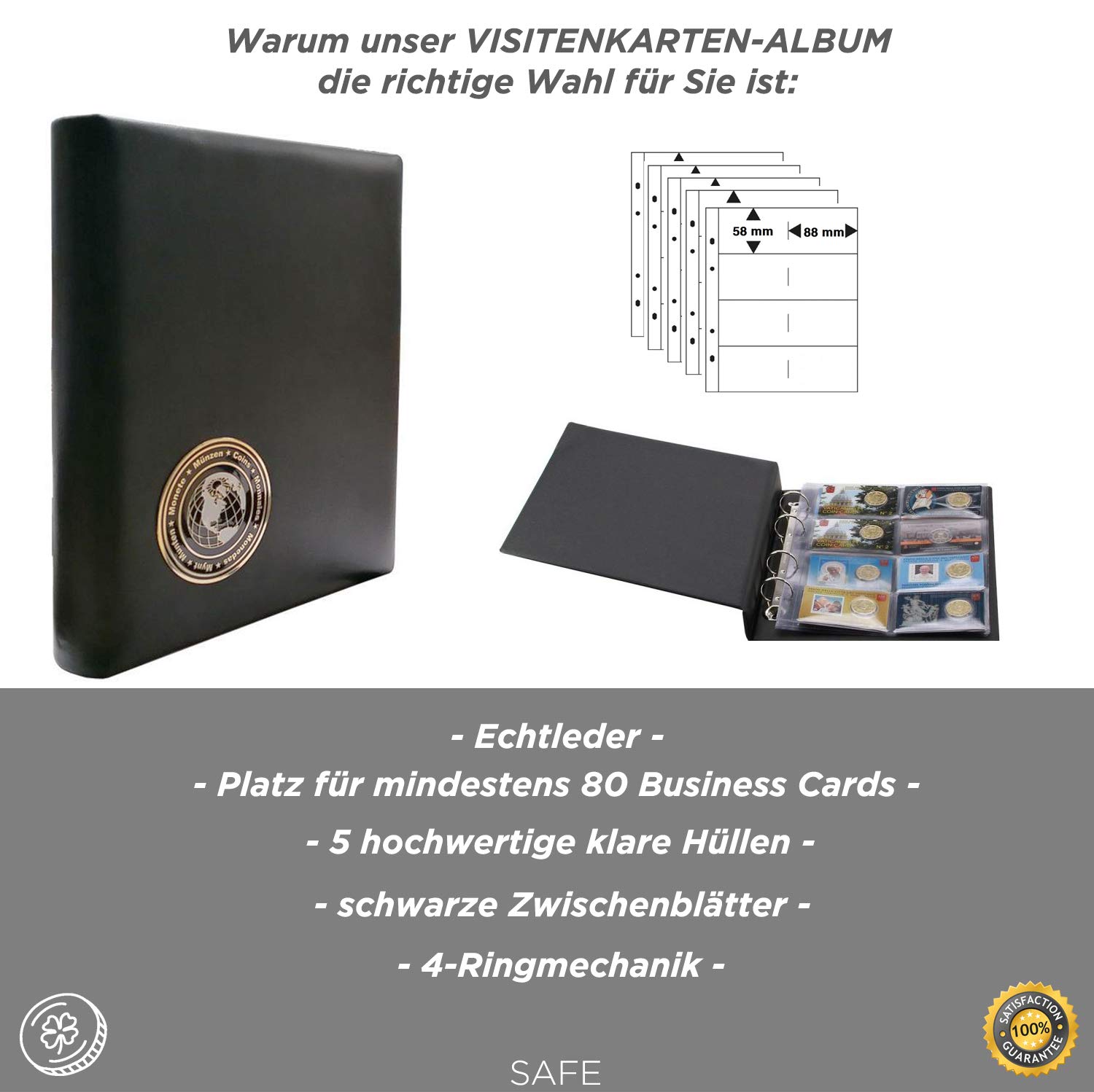 Safe 7571 Visit World - Tarjetero, Porta Tarjetas, Funda para 80 tarjetas de visita (piel), color negro