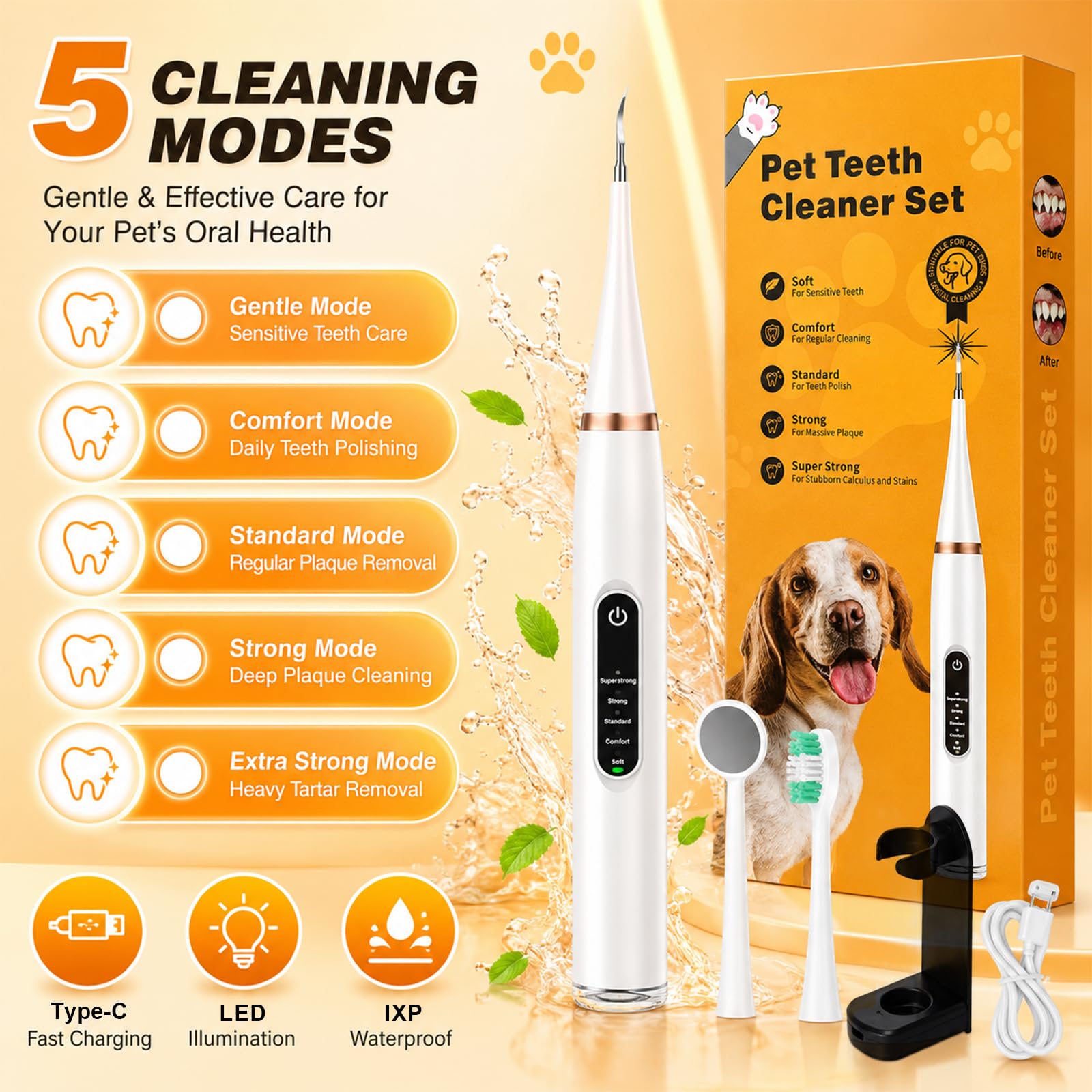 Kit de Nettoyage Tartre Dentaire pour Chien et Chat,Detartreur Dentaire pour Chien et Chat,élimine le tartre et prévient la mauvaise haleine et la gingivite,5 Modes de Nettoyage